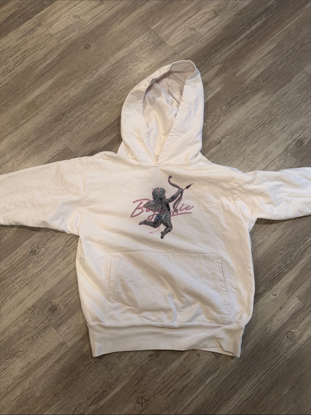White Graphic Hoodie with Cherub and 'Boy Luv' Script